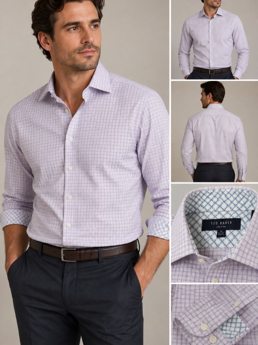 Ted Baker London Men's Lavender Check Dress Shirt 17 32/33 100% Cotton Button Fr